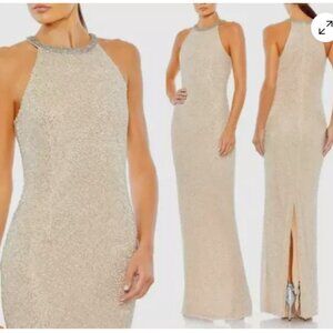 MAC DUGGAL 93742 BEADED HIGH NECK COLUMN NUDE SILVER GOWN sz 6